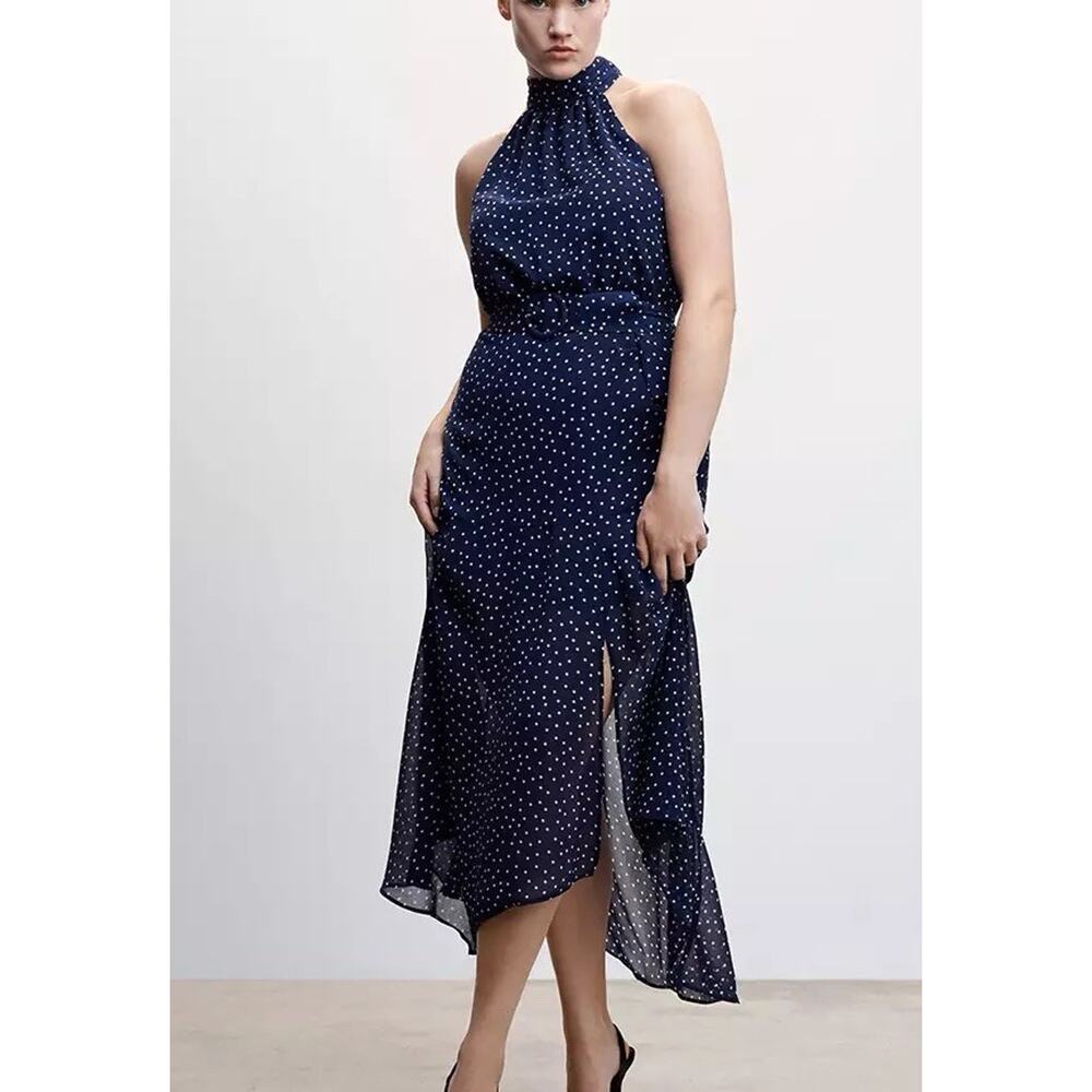 Mango Blue Polka Dot Semi Sheer Mock‎ High Neck Dress Slit Bottom NWT XS 2